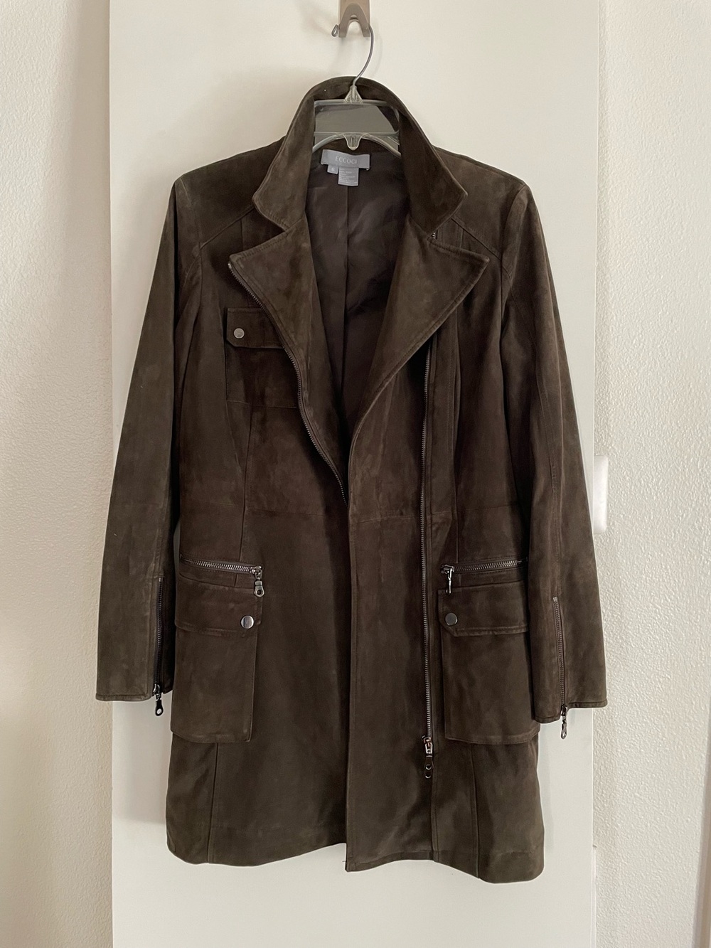 VTG: ECCOCI Genuine Suede Leather Long Jacket Trench Coat Dk.Brown, Lined
